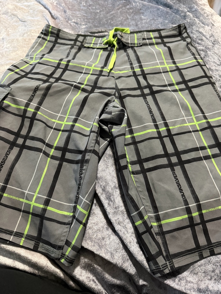 Quiksilver Black And Neon Green Plaid Swim Shorts